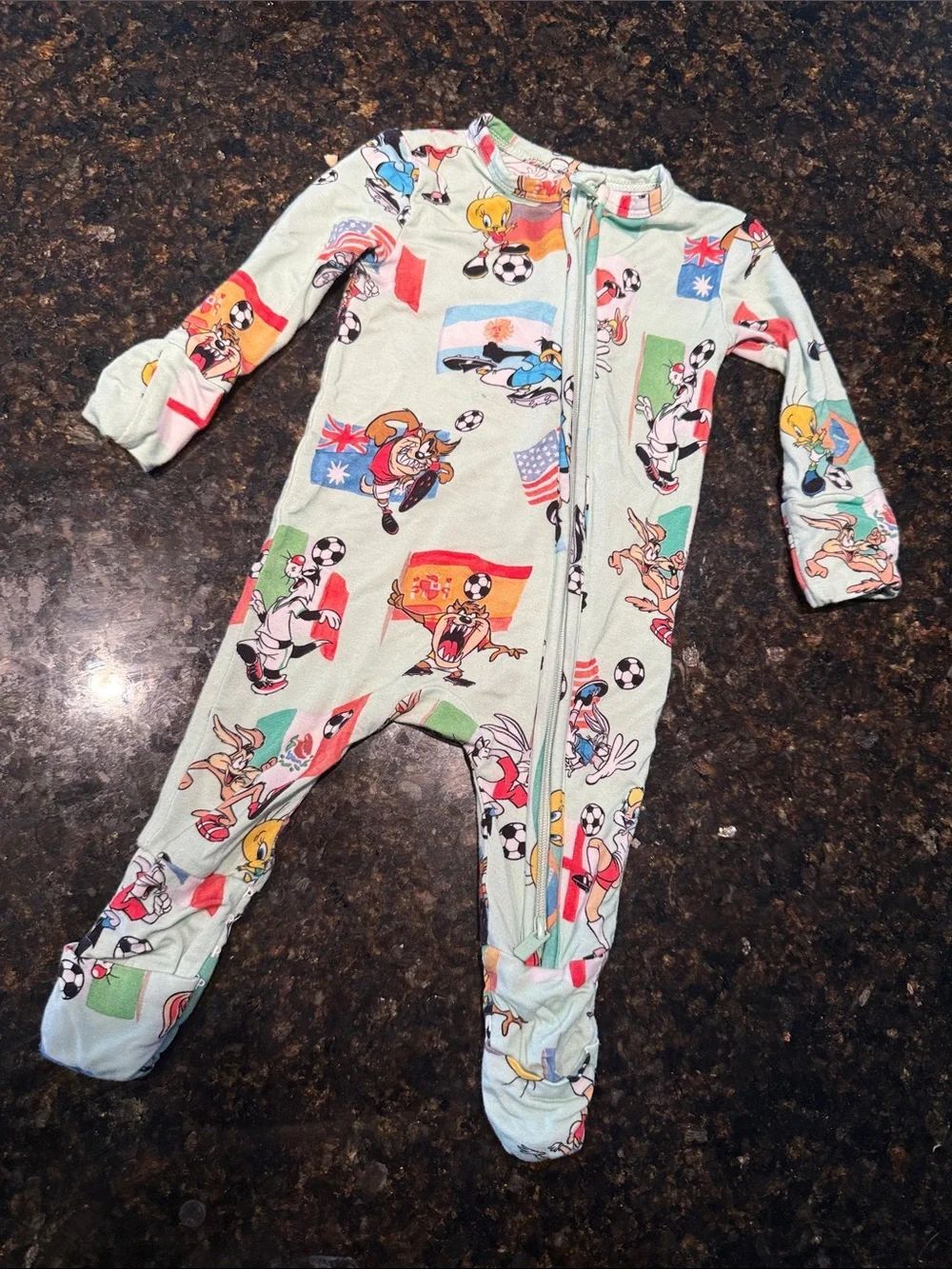 Posh Peanut Light Green Soccer Looney Toon Character Footed One-Piece Newborn
